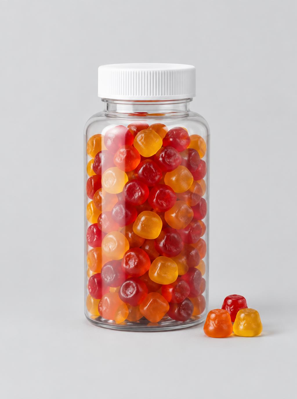 Clear supplement bottle with white closure and colorful gummies