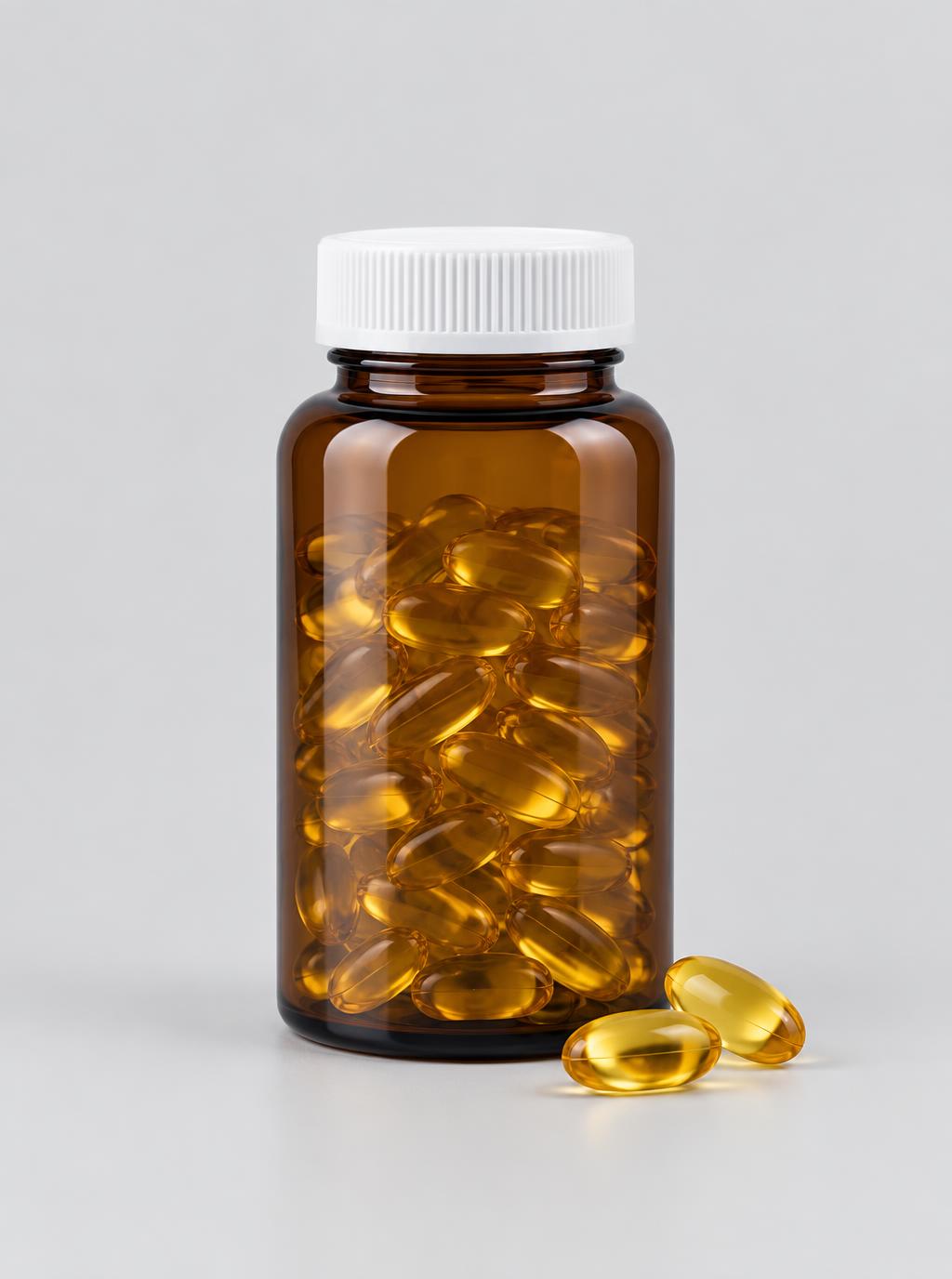 Amber supplement bottle with white closure and golden softgels