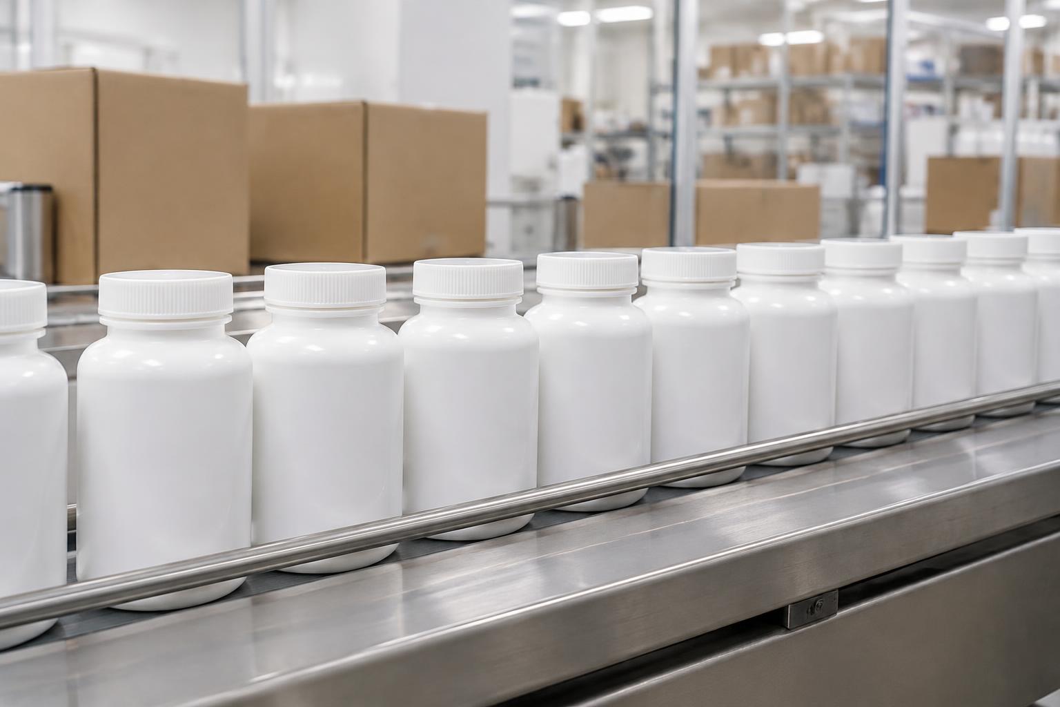 Plain supplement bottles on a clean packaging line with unmarked cartons