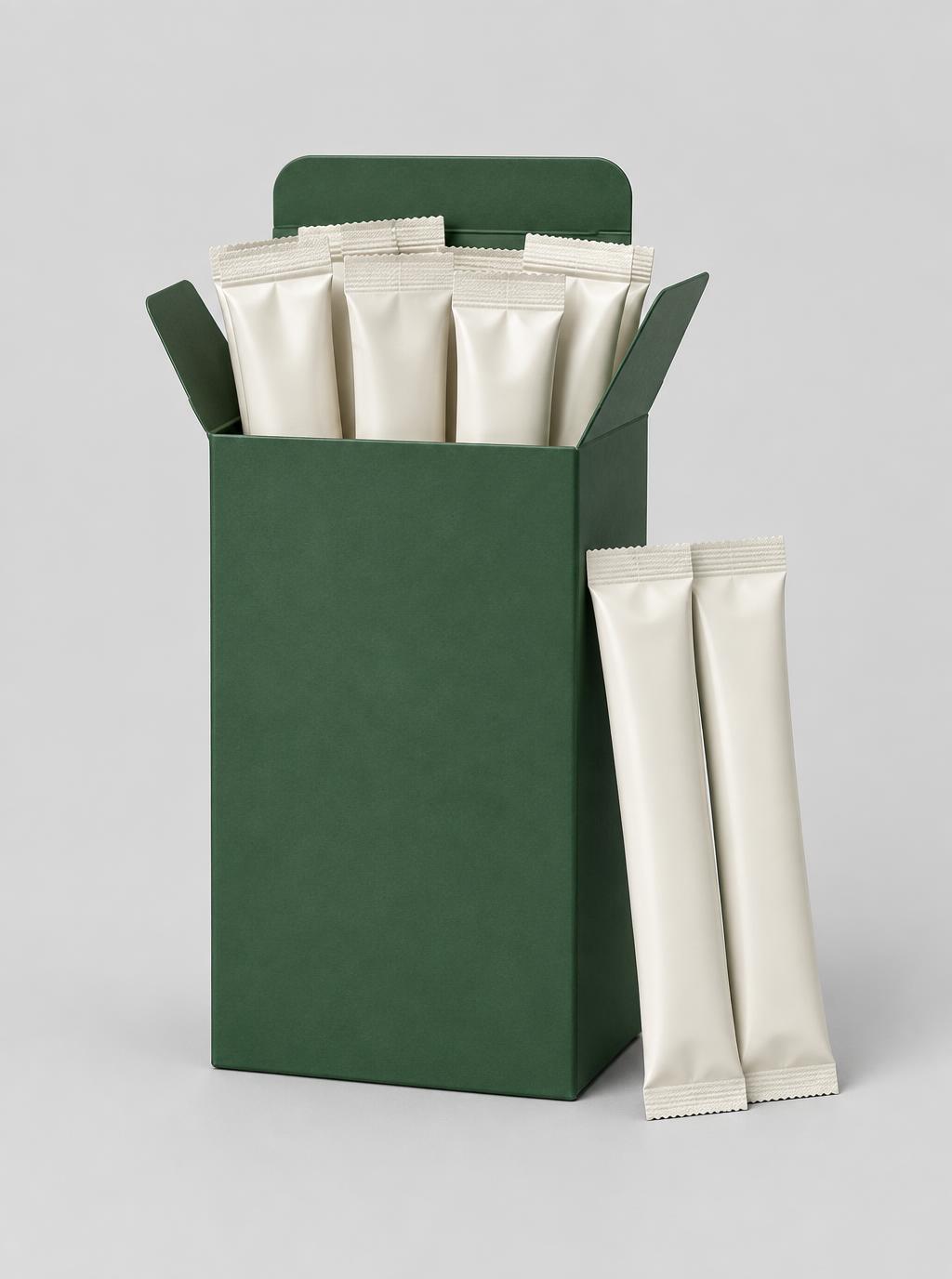 Forest-green carton containing individual supplement stick packs