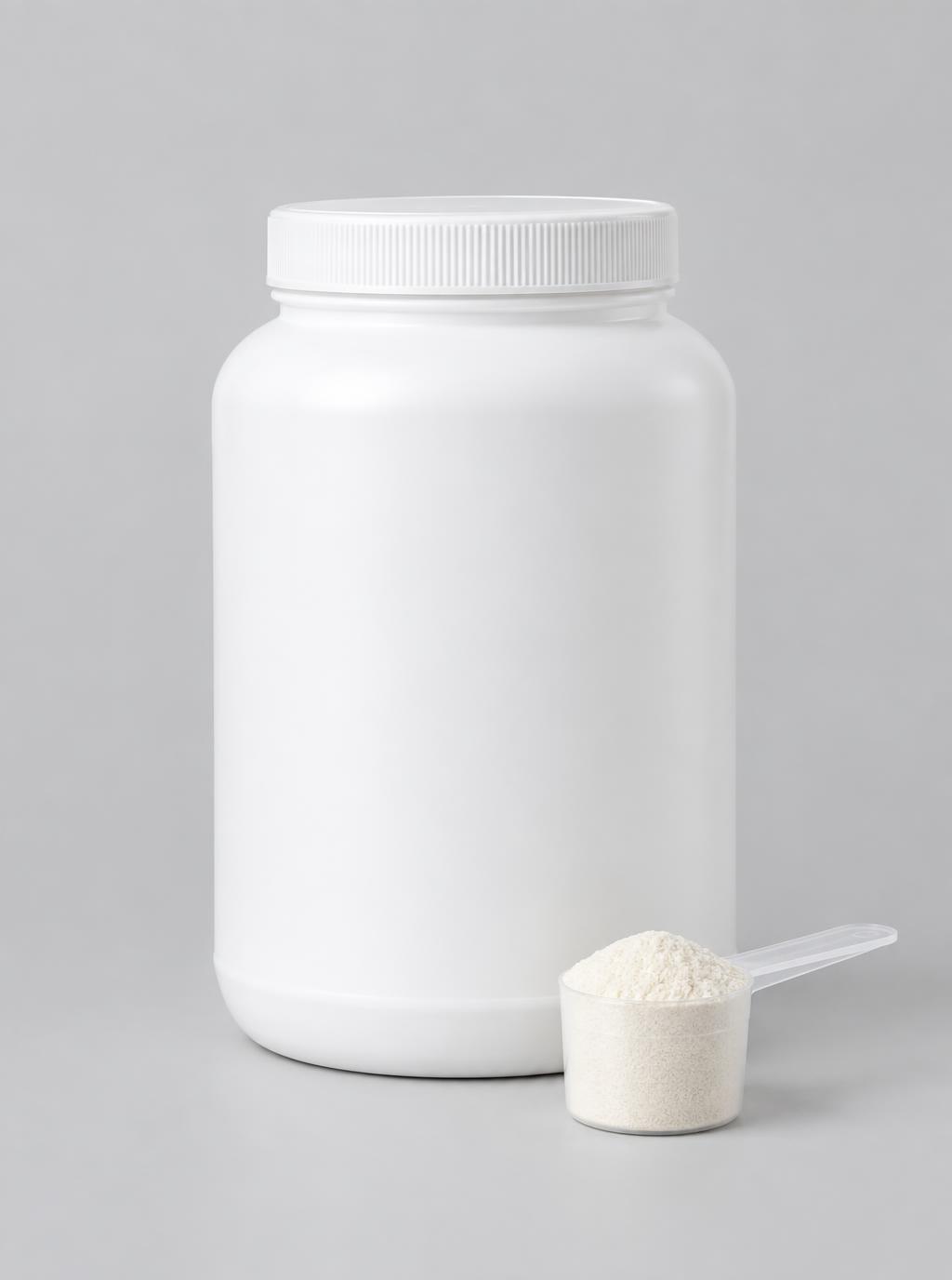 White powder tub with screw lid and measuring scoop