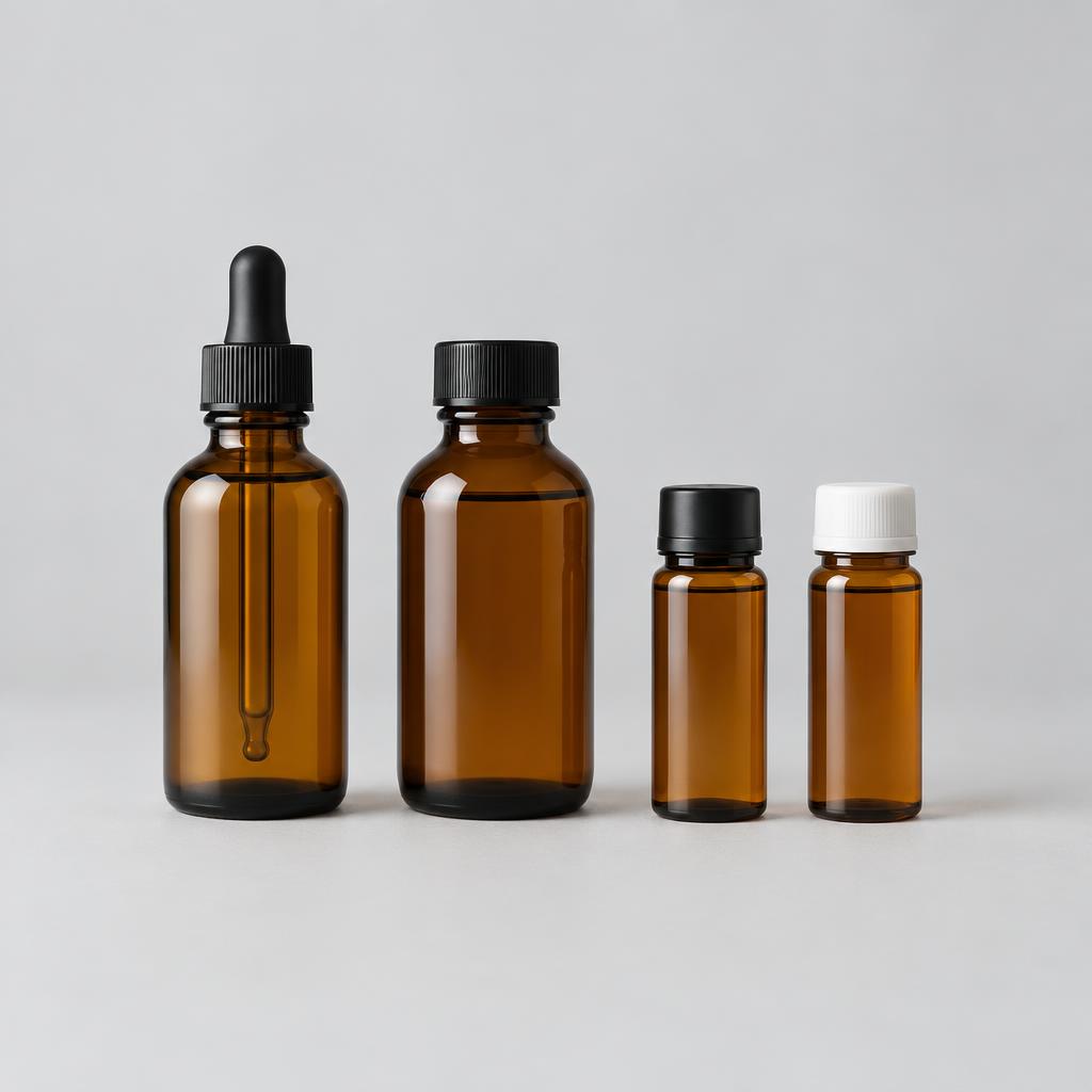 Unbranded amber dropper bottle, syrup bottle and single-serve liquid shot bottles